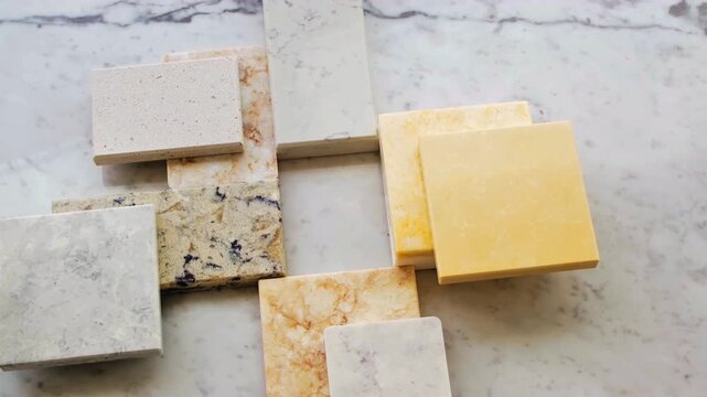 High angle view of various quartz, granite, and marble stone samples arranged on marble countertop. Material swatches display for interior design planning, kitchen renovation, and architecture.