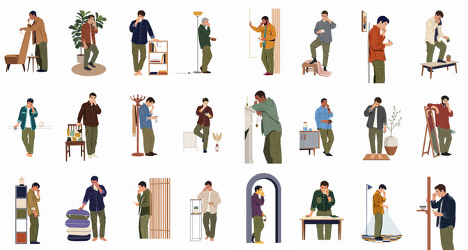A collection of diverse male character illustrations in casual poses and settings, ideal for architectural visualization, interior design, and graphic projects.
