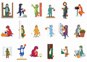 Fototapeta premium Collection of cute illustrations featuring children in various colorful dinosaur and dragon costumes trick-or-treating for Halloween with pumpkin baskets.