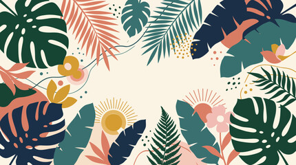 Fototapeta premium Vibrant tropical leaf illustration with citrus fruits and floral accents for modern branding and web design