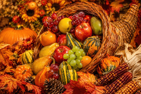 Close-up of assorted fruit in a basket on Thanksgiving Day