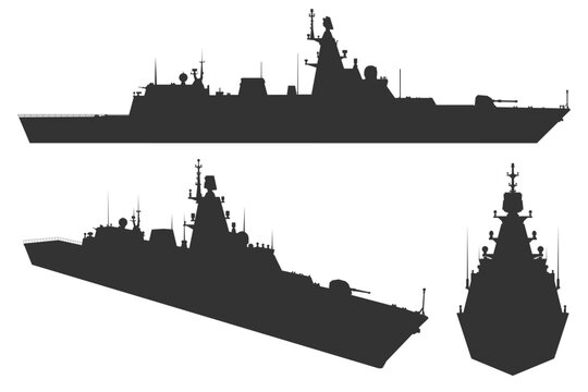 Pack design admiral gorshkov class frigate silhouette. Black and white vector illustration of a modern Russian naval warship with clean geometric details and multiple perspectives.