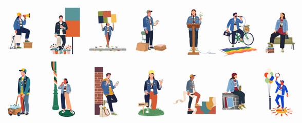 Fototapeta premium Collection of diverse flat-style people characters in casual and denim outfits engaged in various urban activities and activism