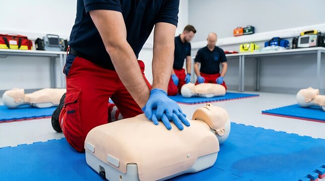 CPR Training Session with Mannequins and Instructors in a Classroom Setting.