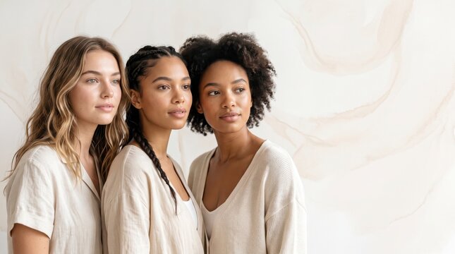 Diverse group of three young women standing together in natural light studio portrait