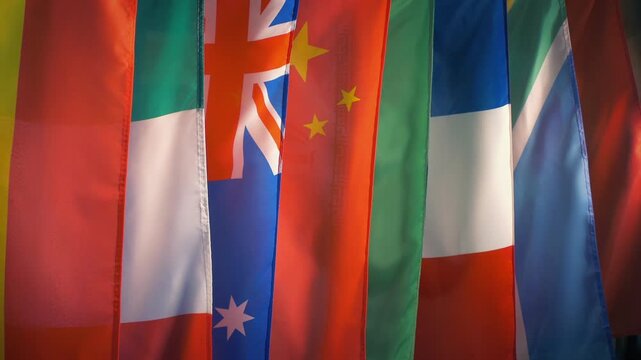 Row Of International Flags Moving Shot
