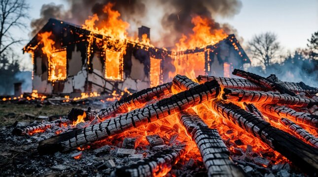 Close up of burnt wood, hot embers from house fire. Large flames destroy residential building in background. Charred debris, ashes cover ground after terrible accident. Smoke rises from ruined home