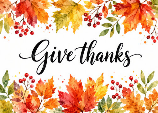 Thanksgiving text with watercolor autumn leaves and branches isolated on white background. Autumn illustration for greeting cards, invitations, blogs, posters, quote and web.