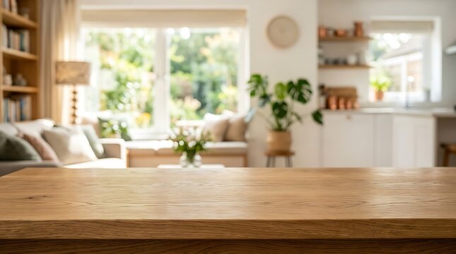 Empty Wooden Table Top with Blurred Modern Living Room Background for Product Display Mockup and Interior Design Banner.