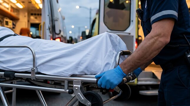 Paramedic loading patient onto stretcher into ambulance.