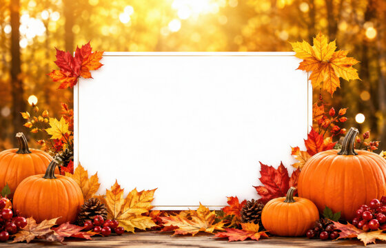 Thanksgiving day autumn festive card with pumpkins, fall autumnal leaves and white photo frame on background of blurred trees in park, empty place for your text