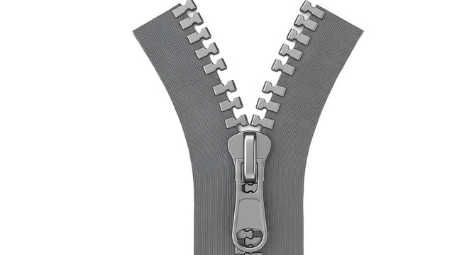 Close up of a gray zipper partially open on a white background