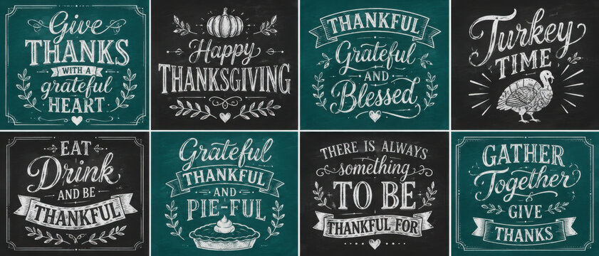 Set with lettering quotes for Thanksgiving Day. Typographic design. Greeting card and poster or print template. Autumn concept illustrations. Vector