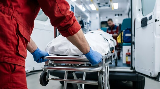 Paramedics loading patient onto stretcher into ambulance.