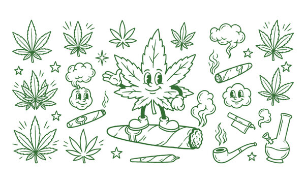 Vintage cannabis weed leaf cartoon mascot character smoke doodle set vector illustration