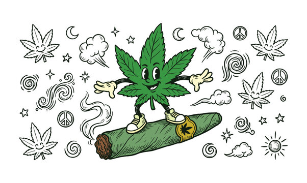 Vintage cannabis weed leaf cartoon mascot character smoke doodle set vector illustration