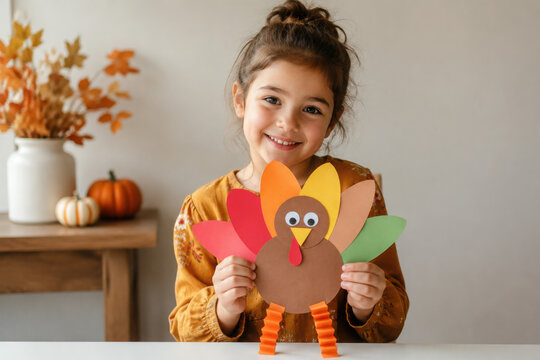 paper craft for kids. DIY Turkey made for thanksgiving day. create art for children. girl playing with a toy