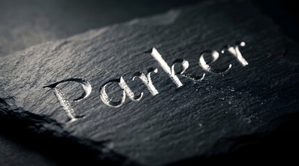 Fototapeta premium Close-up of the engraved name Parker on a dark textured surface.