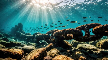 Obraz premium Sunlight streams through clear blue water onto a rusty underwater chain and rocky seabed. Small fish swim in schools above the ancient metal structure, exploring the marine environment.