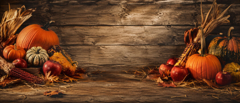 Thanksgiving With Pumpkins Corncob And Apples On Wooden Table