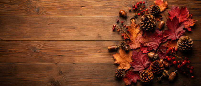 Top down view of Natural wood Tabletop with leaves, Gourds and Pine cones.