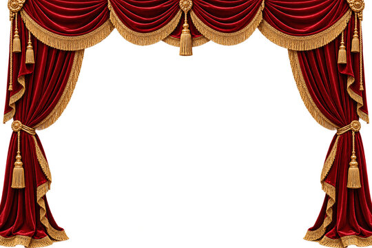 Elegant red velvet theater stage curtains with golden fringe and tassels, classic opening drapery frame isolated