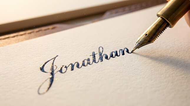 Close-up of a fountain pen writing the name Jonathan in elegant cursive on white paper.