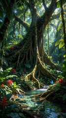 Naklejka premium Giant tree roots intertwine beside clear jungle stream. Vibrant tropical flora with red flowers and blue butterflies surround water. Sunlight streams through lush green foliage.