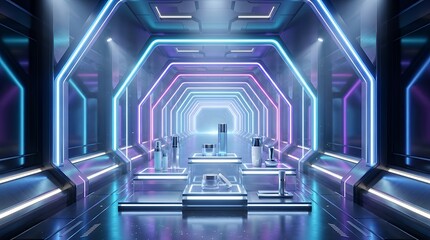 Fototapeta premium Futuristic Sci Fi Neon Arch Tunnel Podium Platform for Product Display and Cosmetic Showcase Presentation 3d podium neon arch tunnel scifi futuristic luxury corridor glowing display product display