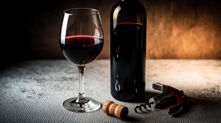Fototapeta premium Red wine rests in a glass beside a full bottle and corkscrew on a textured surface. A dark background with warm light creates a moody atmosphere for this classic alcoholic beverage.