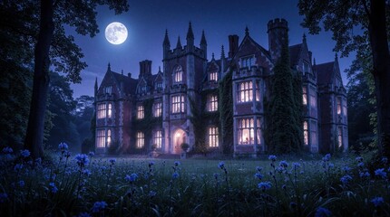 Fototapeta premium Large gothic manor house stands under full moon at night. Glowing windows shine through dark ivy on old stone walls. Mysterious mansion sits in forest garden with blue flowers in foreground. Eerie