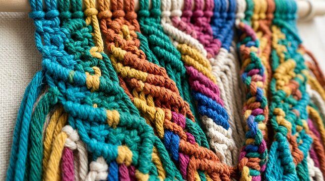Vibrant Woven Macrame Cord Detail Displaying Colorful Knotted Thread Patterns macrame pattern colorful braided cord woven detail texture craft handmade close up vibrant knot textile yarn thread