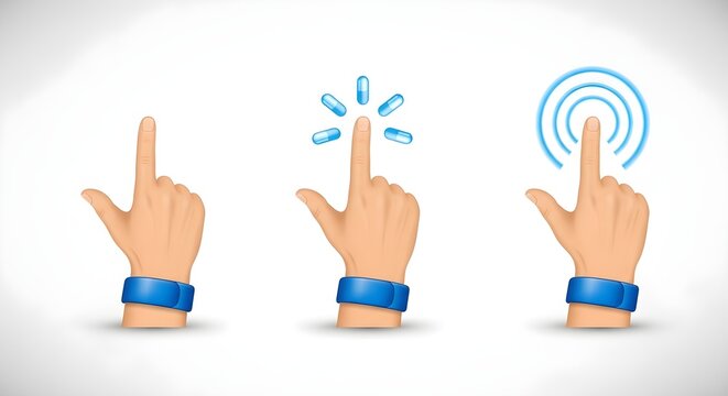 Set of three cartoon hands demonstrating touch gestures with click and signal effects.