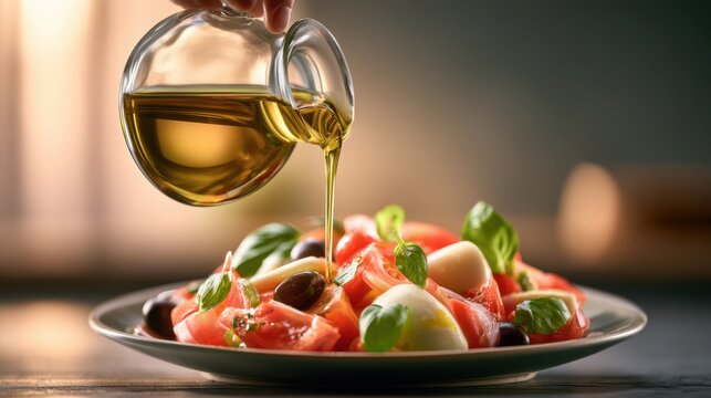 Hand pouring golden olive oil over fresh tomato, mozzarella, and basil salad with black olives on a ceramic plate in a softly lit setting