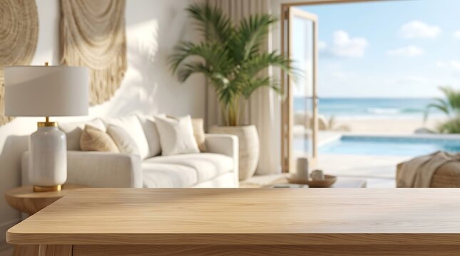 Empty Wooden Table Top Foreground with Blurred Modern Coastal Living Room Interior for Luxury Product Display Backdrop