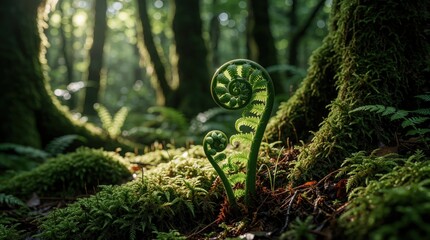 Naklejka premium Green fiddlehead fern grows on mossy forest floor. New plant unfurls in wild woodland under soft sunlight. Macro shot of organic growth, botanical life in rich spring ecosystem. Natural renewal in