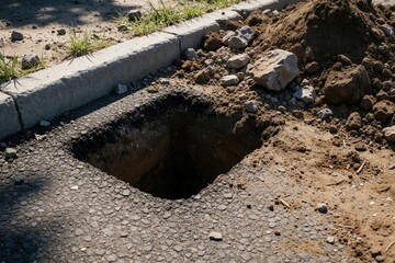 Fototapeta premium Rectangular hole in asphalt road for construction work. Workers dig pit in ground for fence post utility pole installation. Dirt, rocks surround excavation site near curb, grass. Site needs repair