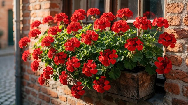 Bright red geranium flowers bloom in wooden window box on rustic brick wall. Vibrant floral plants grow in garden planter outside old house. Summer season decor adds colorful charm to urban street