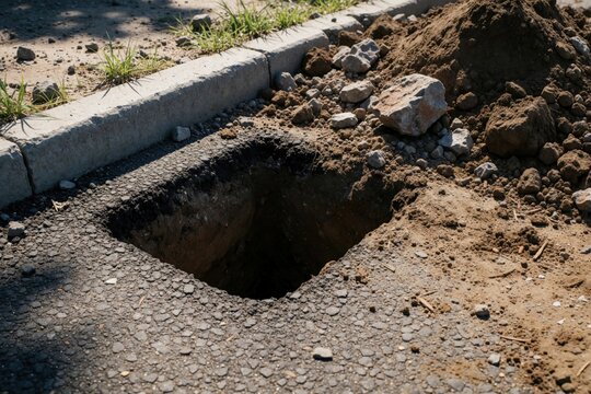 Rectangular hole in asphalt road for construction work. Workers dig pit in ground for fence post utility pole installation. Dirt, rocks surround excavation site near curb, grass. Site needs repair