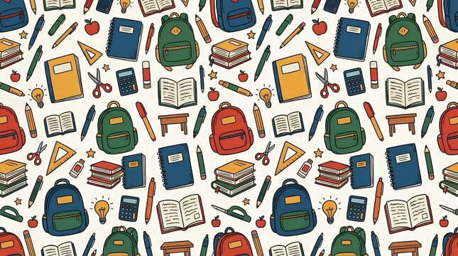 Seamless Back to School Supplies Doodle Illustration Canvas Wallpaper Featuring Backpacks Pens Notebooks and Education Icons school pattern seamless background stationery bag book education backpack