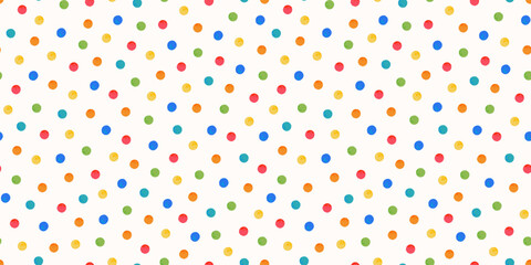 Plakat Bright polka dot pattern. Round spots playful multicolor vector seamless birthday background. Loosely scattered handdrawn circle print. Cheerful childlike confetti texture for party, baby kid fun bg