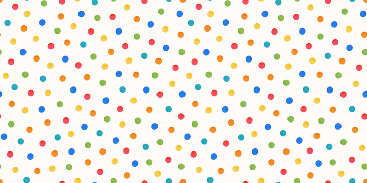 Bright polka dot pattern. Round spots playful multicolor vector seamless birthday background. Loosely scattered handdrawn circle print. Cheerful childlike confetti texture for party, baby kid fun bg