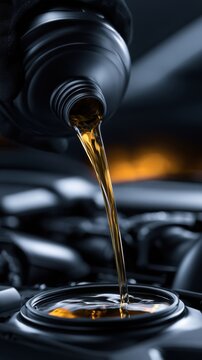 Pouring golden motor oil into an engine compartment for vehicle maintenance and lubrication in a professional automotive setting
