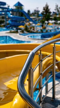 Bright yellow water slide with shiny metal railing at an outdoor aquatic park featuring pools and multiple water attractions on a sunny day