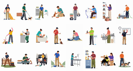 Fototapeta premium Diverse set of flat illustrations depicting animal shelter volunteers and staff performing various tasks like feeding, cleaning, grooming, and providing medical care to pets.