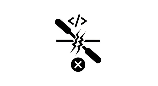 Broken Code Symbol with Crossed Out Circle and Screwdriver Icon.
