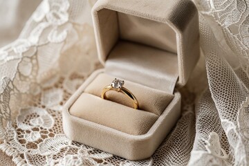 Naklejka premium Wedding ring displayed in plush box on delicate lace. Touching scene capturing promise, unbreakable bond between beloved. Awaiting ceremony golden piece glows in soft light. Sanctuary of devotion