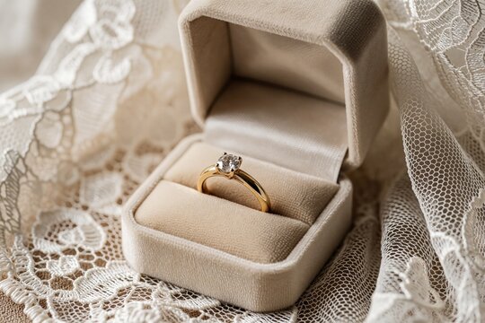 Wedding ring displayed in plush box on delicate lace. Touching scene capturing promise, unbreakable bond between beloved. Awaiting ceremony golden piece glows in soft light. Sanctuary of devotion