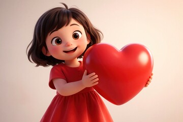 Fototapeta premium Cartoon girl with short brunette hair wears red dress, radiates joy holding large red heart. Demonstrates affection, conveys warmth, evokes love, represents innocent love concept. Cartoon animation
