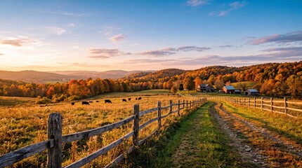 Fototapeta premium Golden autumn sunset illuminates a rural farm landscape with grazing cattle and a wooden fence along a dirt road